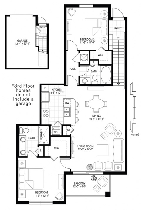 Floor plan for 2 beds, 2 baths, 1097 sqft
